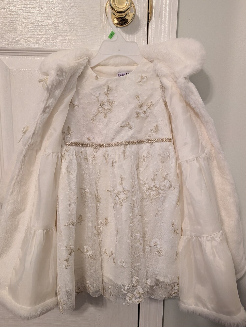 Blueberi Boulevard White Embroidered Dress with Faux Fur Coat And Gold Tights